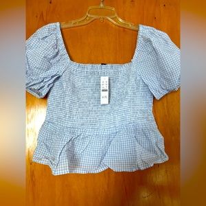 NWT J Crew Short Sleeve peplum top in light blue gingham